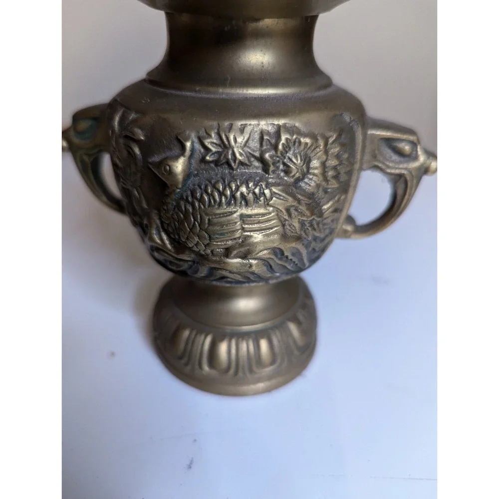 Vintage brass ?‎ Peacock design eagle face handles alter flower vase estate find